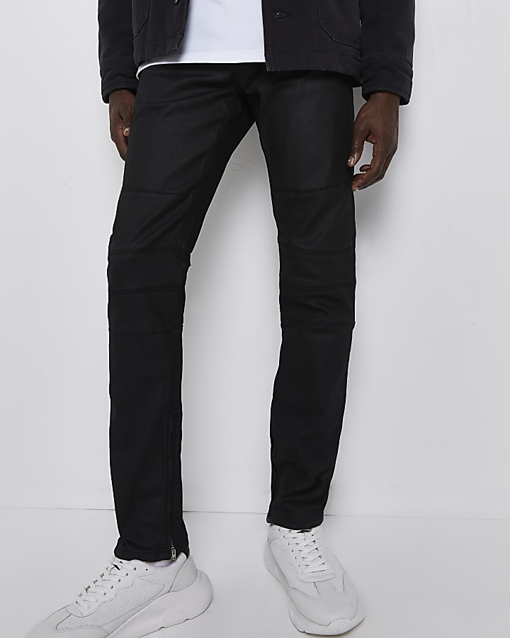 Black relaxed skinny fit coated jeans
