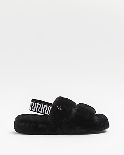 Black RI branded faux fur slippers