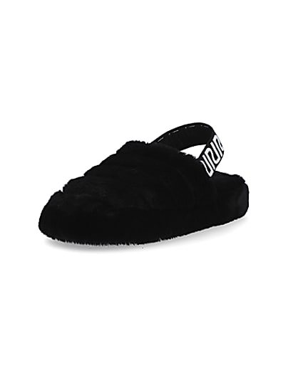 360 degree animation of product Black RI branded faux fur slippers frame-0