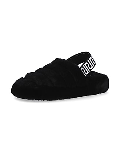 360 degree animation of product Black RI branded faux fur slippers frame-1