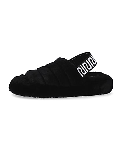360 degree animation of product Black RI branded faux fur slippers frame-2