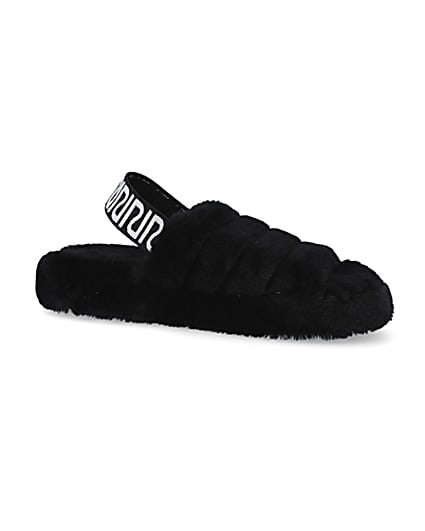 360 degree animation of product Black RI branded faux fur slippers frame-16