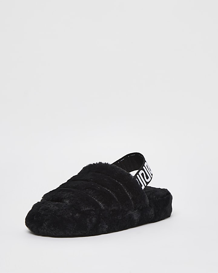 Black RI branded faux fur slippers