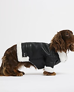 Black RI dog faux leather aviator jacket
