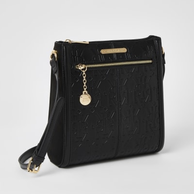 Black RI embossed cross body messenger bag River Island