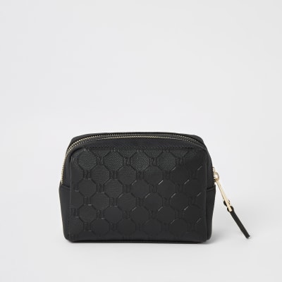 Black RI embossed double zip top make-up bag