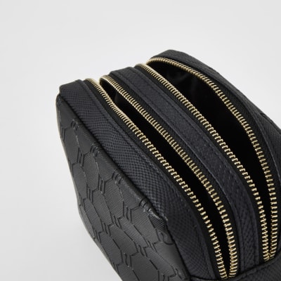 Black RI embossed double zip top make-up bag
