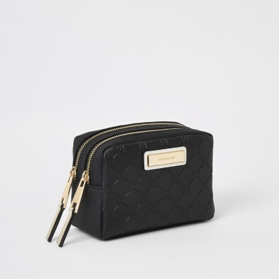 Black RI embossed double zip top make-up bag