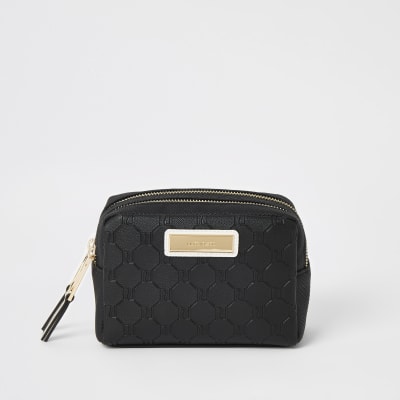 Black RI embossed double zip top make-up bag
