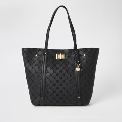 Black RI embossed lock front shopper tote bag | River Island