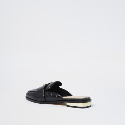 Black RI embossed mule loafers
