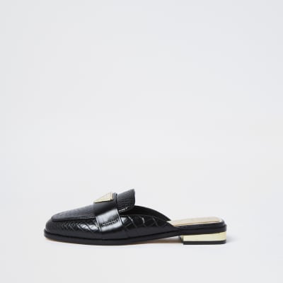 Black RI embossed mule loafers