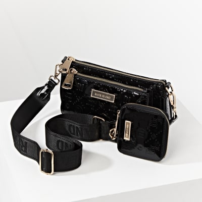Black RI embossed pouchette cross body bag River Island