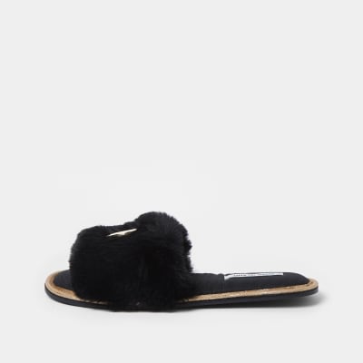 womens black faux fur slippers