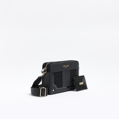 Black RI monogram boxy cross body bag River Island