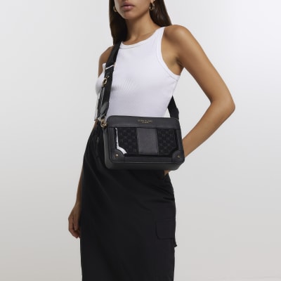 Black RI monogram boxy cross body bag River Island