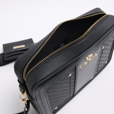 Black RI monogram boxy cross body bag River Island