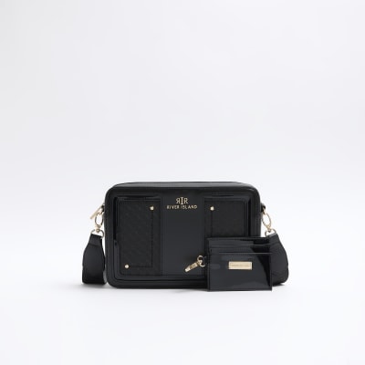 Black RI monogram boxy cross body bag River Island