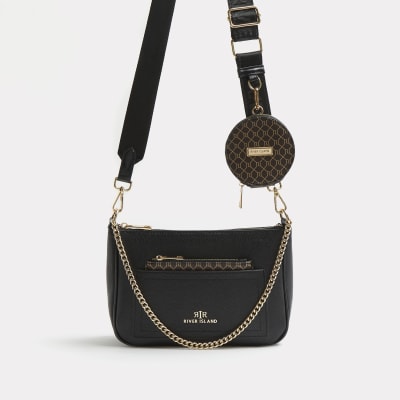 River Island cross body bag with monogram detail in black