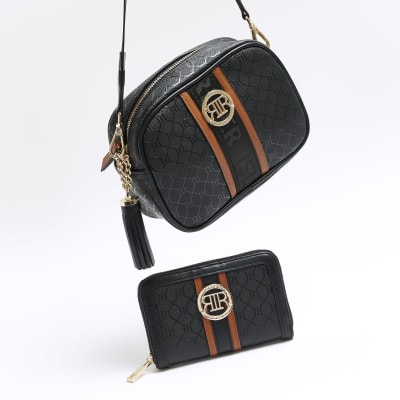 Black RI monogram cross body bag and purse River Island