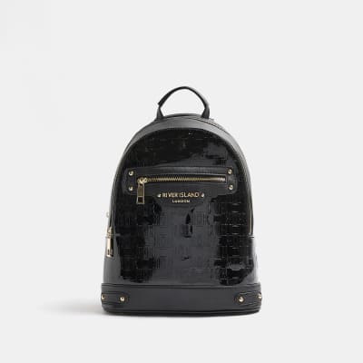 Black RI monogram embossed backpack River Island