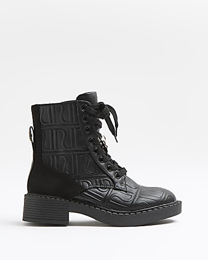 Black RI monogram embossed boots