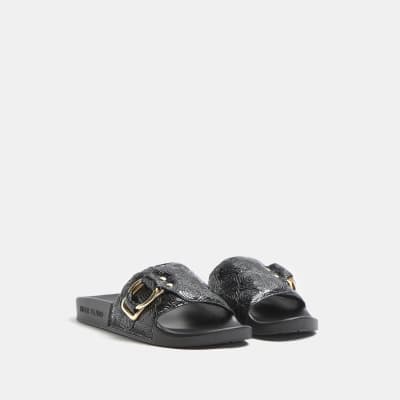 Black RI monogram embossed sliders