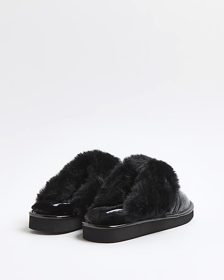 Black RI monogram embossed slippers