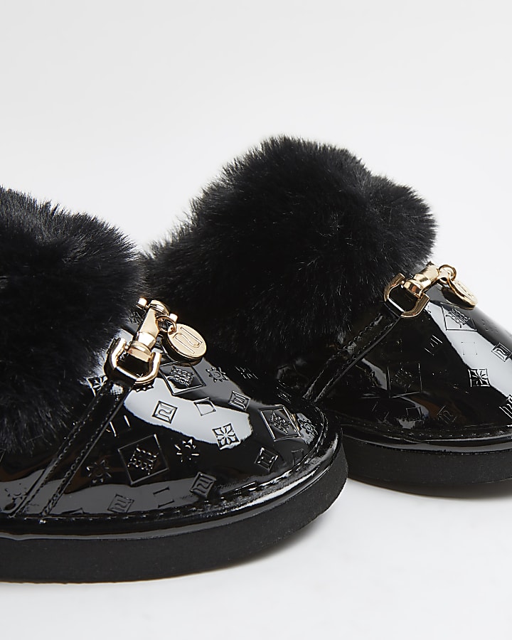 Black RI monogram embossed slippers