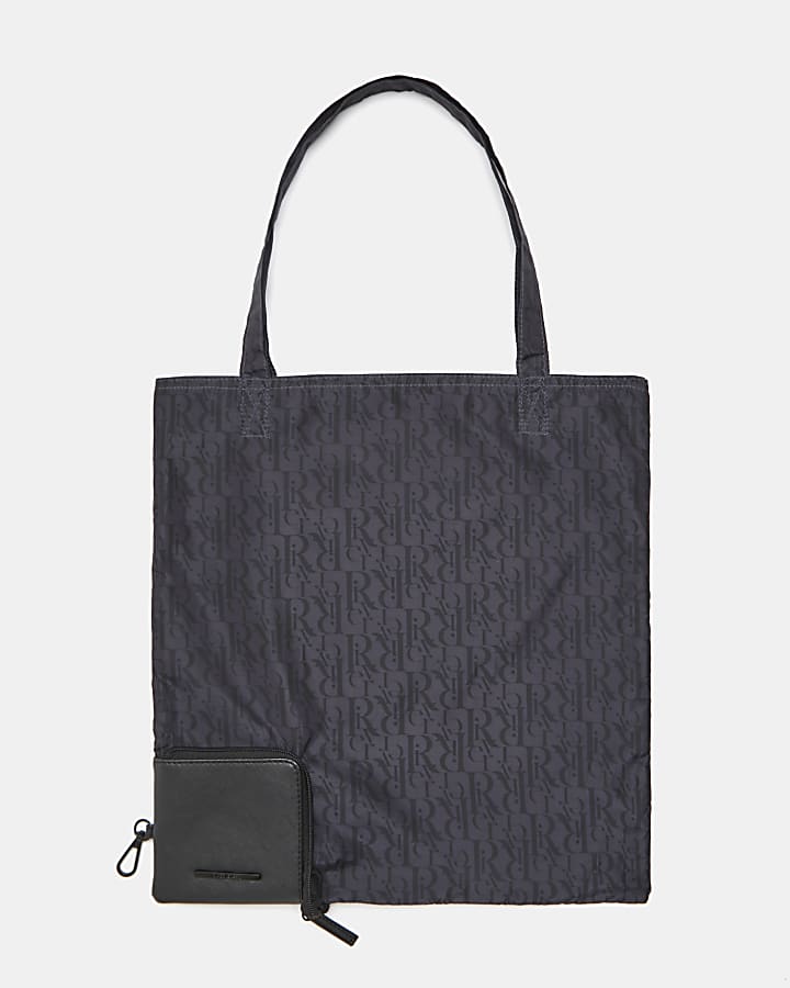 Black RI monogram foldable tote bag