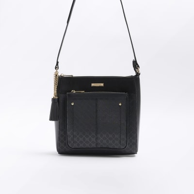 River Island Ri Monogram Cross Body Bag And Purse in Black