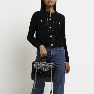Black RI monogram patent tote bag