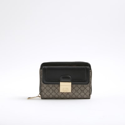 Black RI Monogram Print Lock Front Purse
