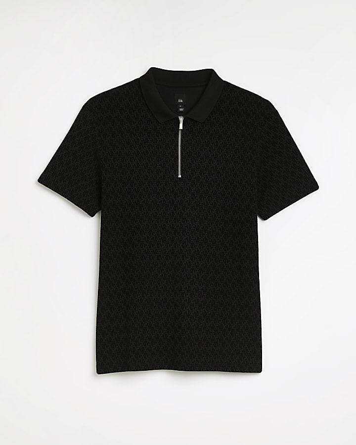 Black RI monogram slim fit flocked polo shirt