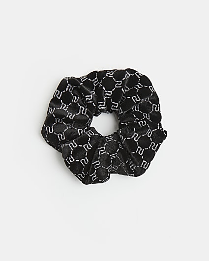 Black RI monogram velvet scrunchie