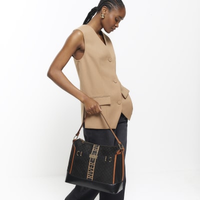 River Island Womens Black Ri Monogram Webbing Shoulder Bag in One Size