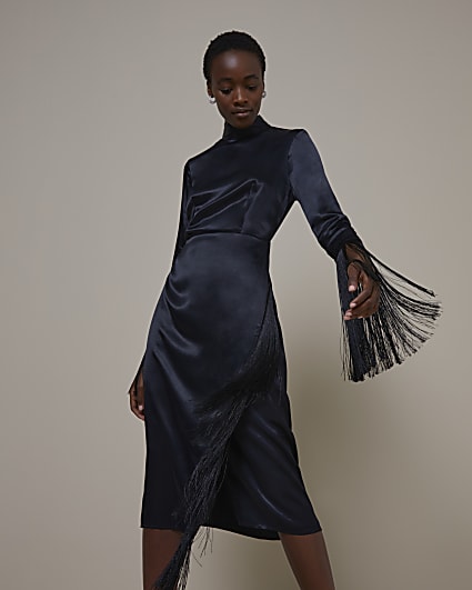 Black RI Studio Fringe Detail Midi Dress