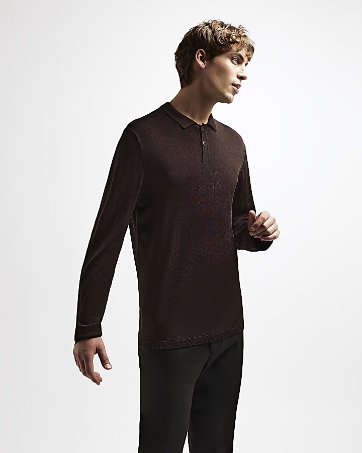 Black RI Studio knit long sleeve polo shirt