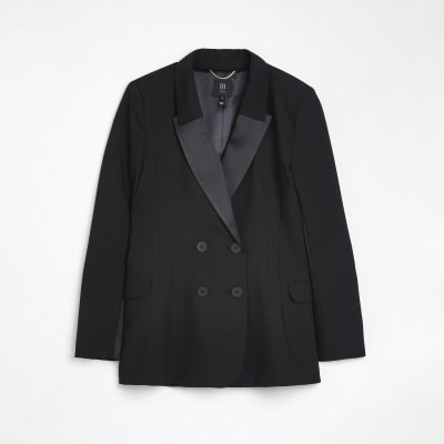 Black RI Studio satin double breasted blazer River Island