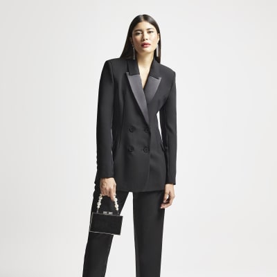 Black RI Studio satin double breasted blazer | River Island