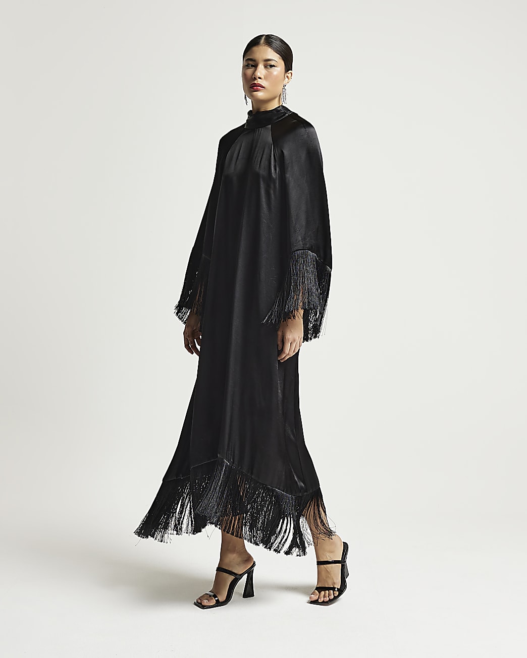 River Island Womens Black RI Studio satin fringe maxi dress