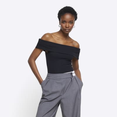 Black rib bardot top River Island