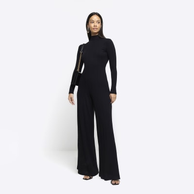 Black Cross Neck Tie Back Rib Jumpsuit