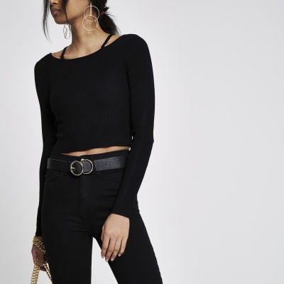 Black rib knit strappy detail crop top