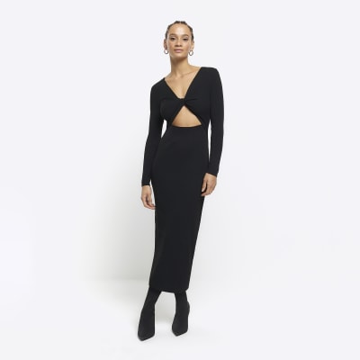 Black Rib Knot Bodycon Midi Dress River Island