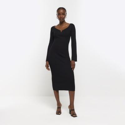 Black rib long sleeve bodycon midi dress