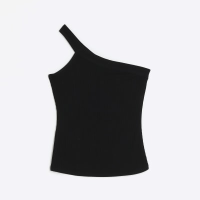 Black rib one shoulder vest top River Island