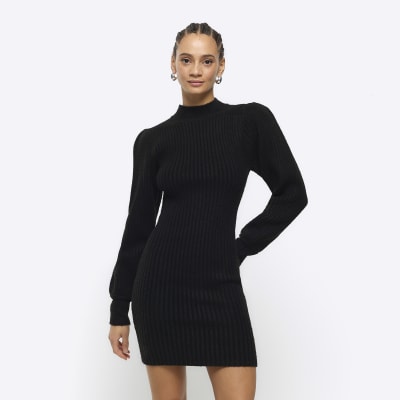 Black rib puff sleeve jumper mini dress | River Island