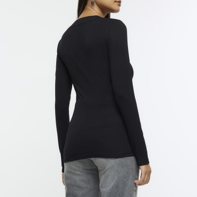 Black rib v-neck long sleeve top | River Island