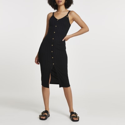 button front midi dress black